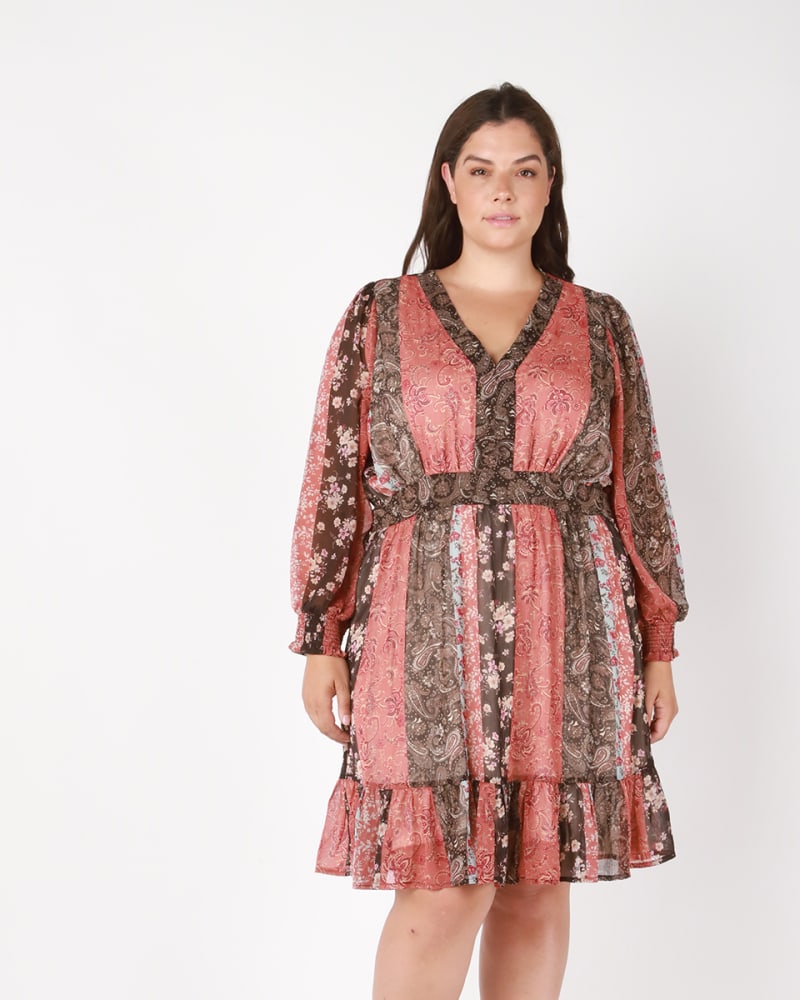 Front of a model wearing a size 0X Zayla Banded Waist Flounce Hem Dress in Red / Brown by DEX PLUS. | dia_product_style_image_id:233736